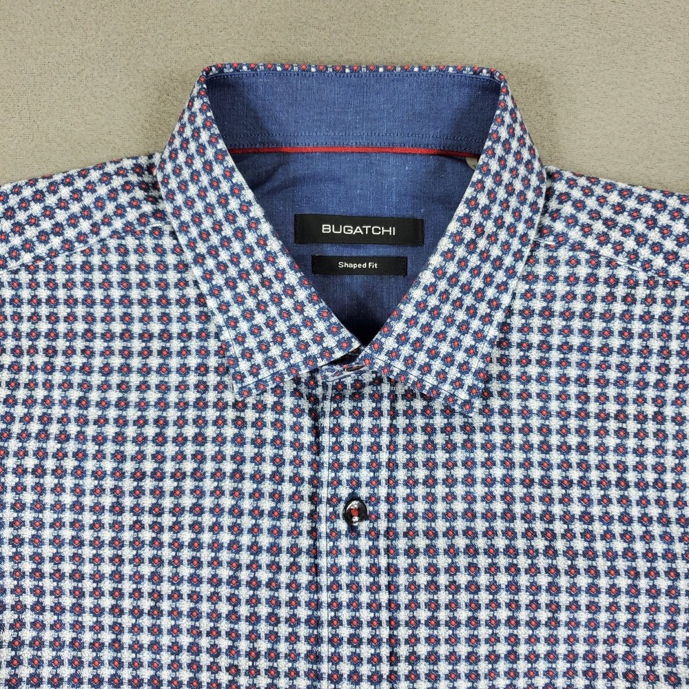 Lot 4 Bugatchi Print Plaid Cuff Long‎ Sleeve Button Down Shirt Men L Shaped Fit - Picture 10 of 16